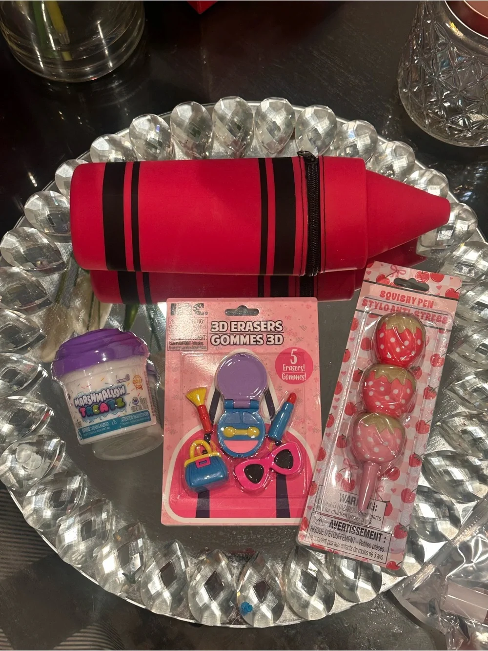 NWT Back to School Red Crayon Pencil Case Squishy Pen Slime Eraser Gift Set